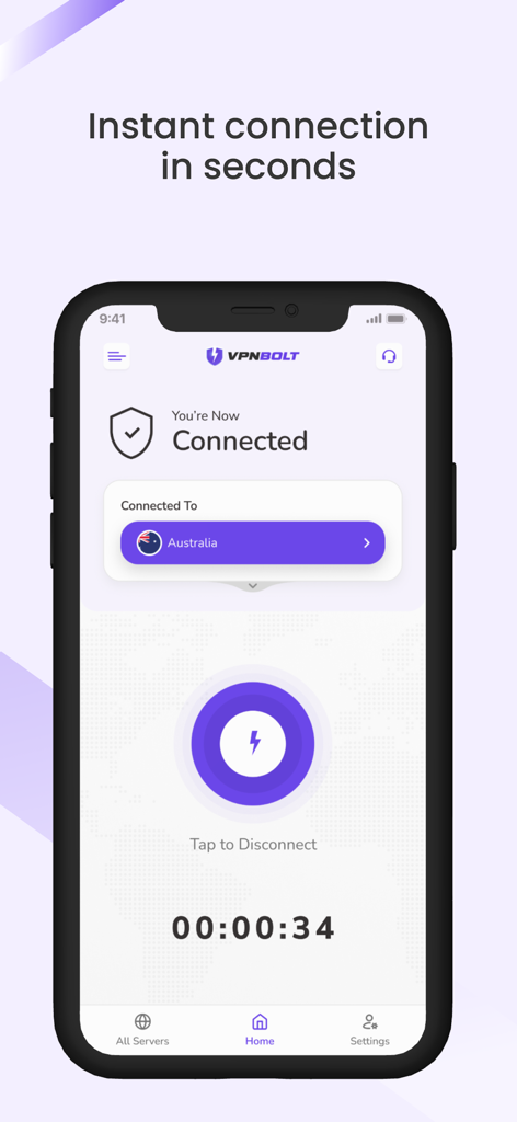 VPNBolt - VPNBolt mobile app interface displaying a secure and instant connection status