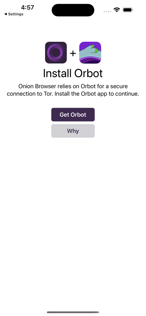 Écran de configuration du navigateur Onion invitant l'utilisateur à installer Orbot pour une connexion Tor sécurisée