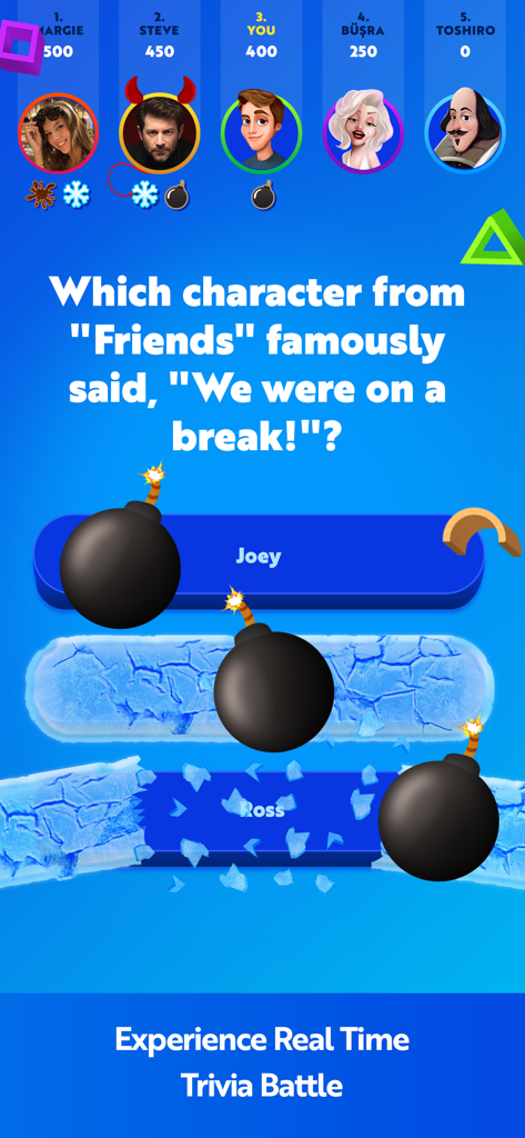Quiz Crush: Trivia & Friends - A real-time trivia battle screen in the Quiz Crush app featuring a Friends TV show question with players and superpowers