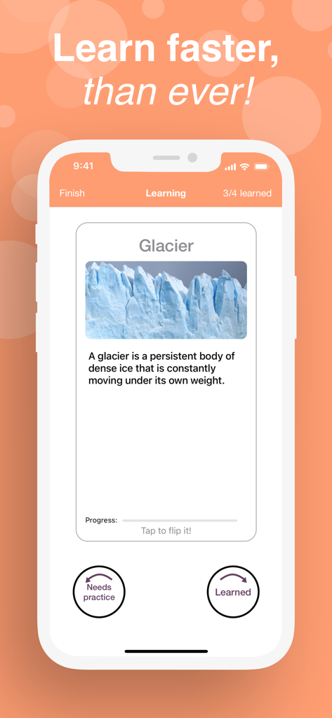 Benutzeroberfläche der Flashcards maker App, die eine Lernkarte über Gletscher mit Lernfortschritt und aktiven Abruf-Buttons zeigt.
