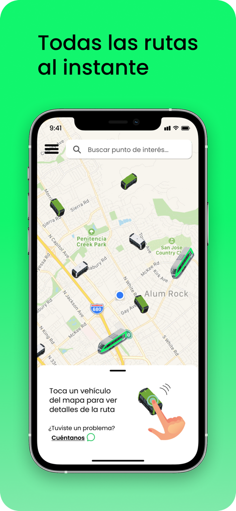 Interfaz de la aplicación móvil HiWay mostrando vehículos de transporte público en tiempo real en un mapa de la ciudad