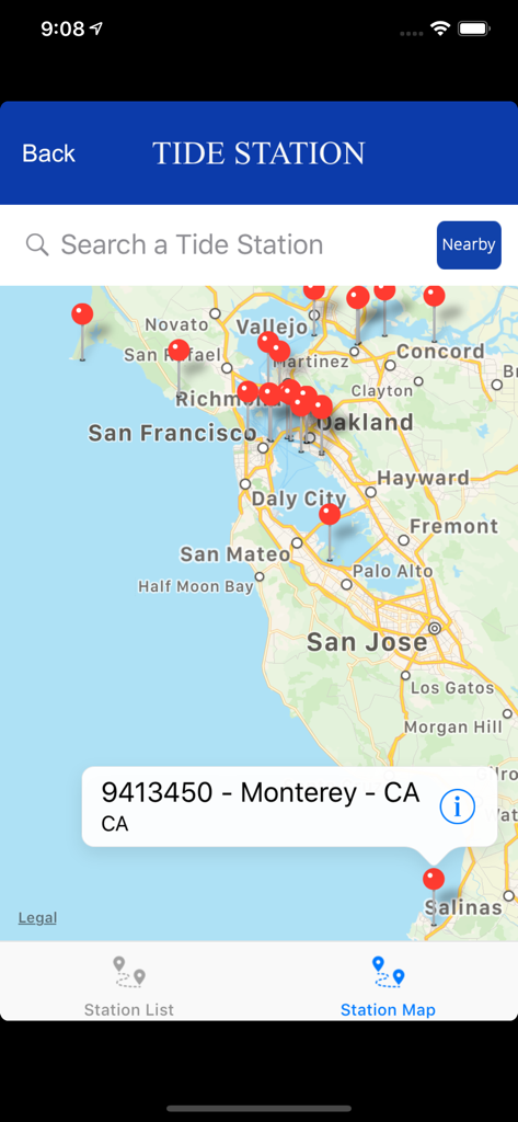 Vista de mapa de estaciones de mareas en California dentro de la aplicación Wave Clock.