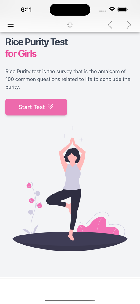 Rice Purity Test + - Introductory screen for the Rice Purity Test for girls featuring a start button and a woman in a yoga pose.