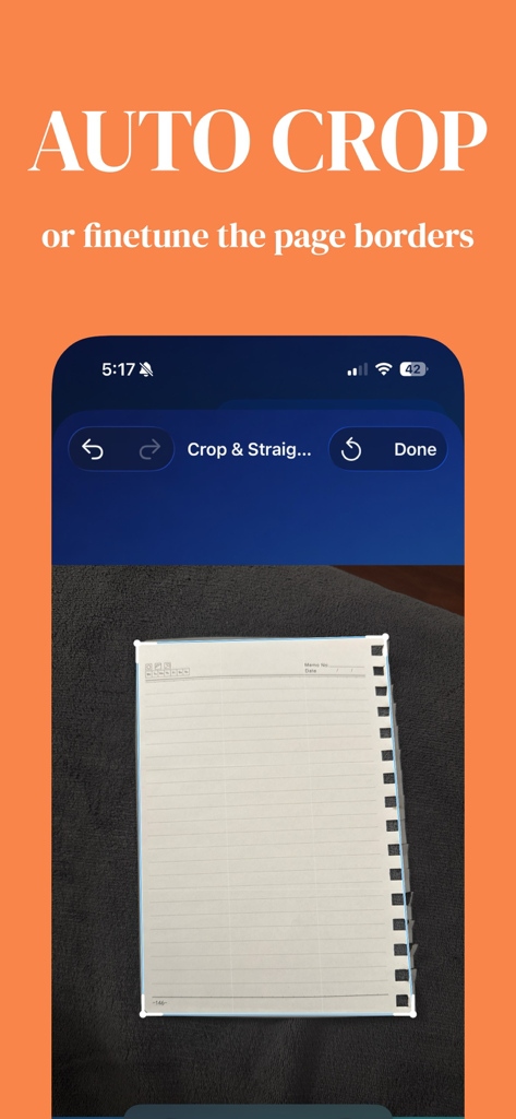 PaperSnap PDF Scanner - Interface of PaperSnap PDF Scanner showing the auto crop and manual border adjustment feature on a notebook page