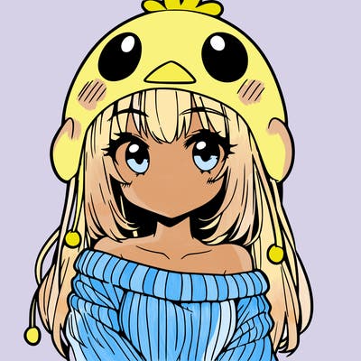anime girl with chick shaped hat with sweater with bare shoulders with bangs covering them one eye with low tail