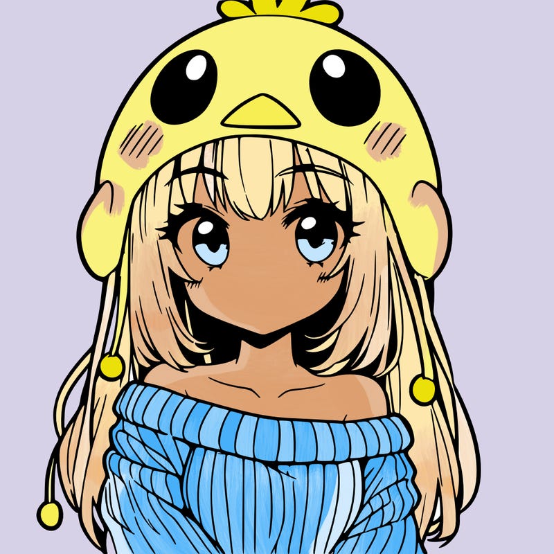 anime girl with chick shaped hat with sweater with bare shoulders with bangs covering them one eye with low tail