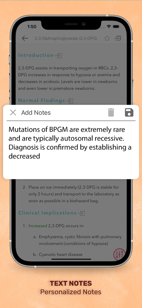 Una pantalla móvil que muestra la función de notas de texto personalizadas en la aplicación Guía de Laboratorio y Pruebas Diagnósticas.