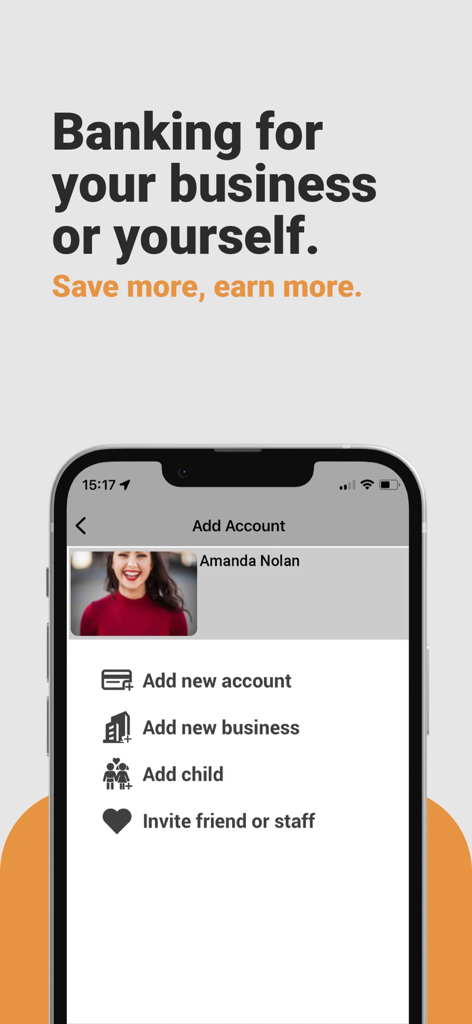 Bank Zero - Bank Zero app interface showing options to add personal business or child accounts