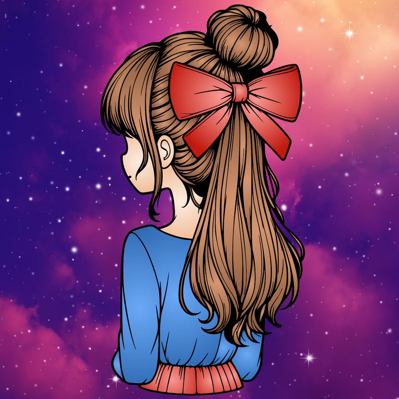 realistic girl  with hip length hair a bun and a big bow on the back of head