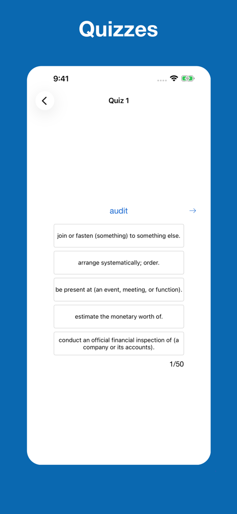 English Verb Conjugation - Uma tela de questionário de múltipla escolha no aplicativo de Conjugação de Verbos em Inglês testando a definição do verbo 'audit'.