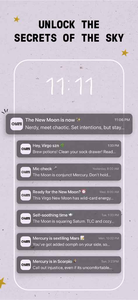 Mobile phone lock screen at 11:11 showing multiple personalized astrology push notifications from the CHANI app