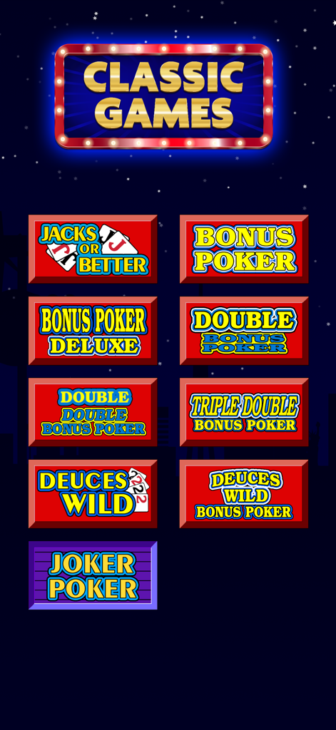 High Roller Video Poker - Vertical menu of classic video poker games including Jacks or Better and Deuces Wild