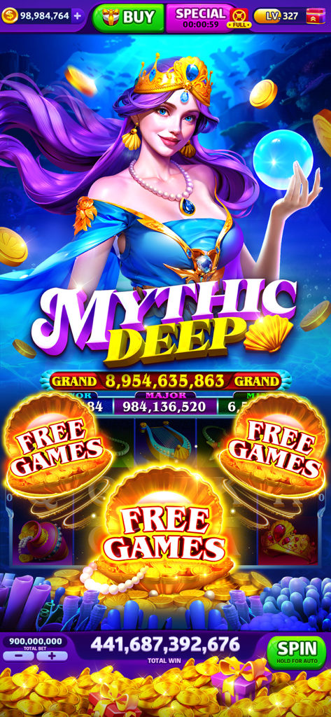 Cash Frenzy™ - Slots Casino - Jugabilidad de máquina tragamonedas Mythic Deep en Cash Frenzy mostrando un personaje de sirena y una enorme victoria de monedas
