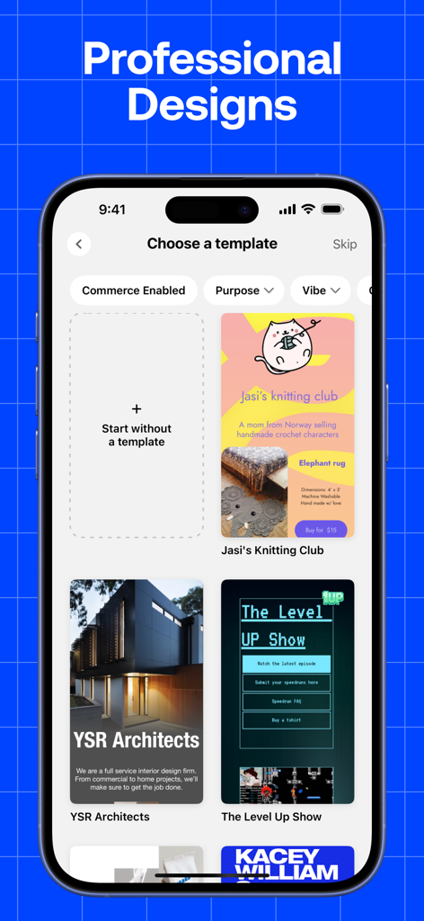 Uno schermo di smartphone che mostra vari modelli di siti web professionali all'interno dell'app Universe per diverse nicchie come architettura e club di hobbisti.