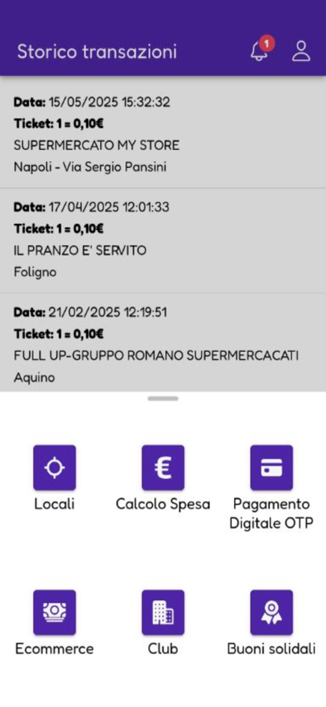 EP Welfare - Interfaccia dell'app EP Welfare che mostra lo storico delle transazioni e le icone del menu principale.