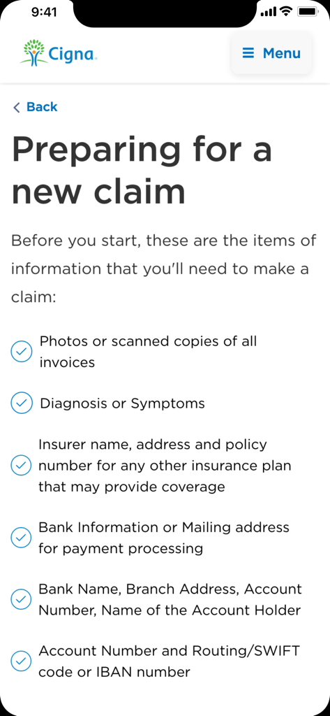 A checklist of documents and information needed to prepare a new insurance claim within the Cigna Envoy app.