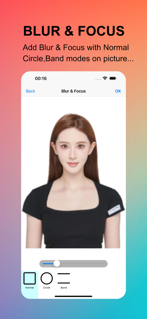 A mobile interface for Editor Lab app showing the blur and focus tool applied to a portrait