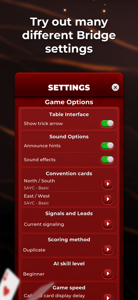 Bridge Baron app settings screen showing customizable game options including AI skill level and bidding conventions.