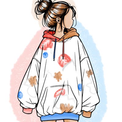 realistic girl with a oversized sweatshirt on and a bun