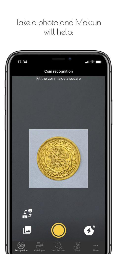 Maktun: Coin, Note Collection - Interface de l'application Maktun montrant une pièce d'or identifiée via le viseur de la caméra