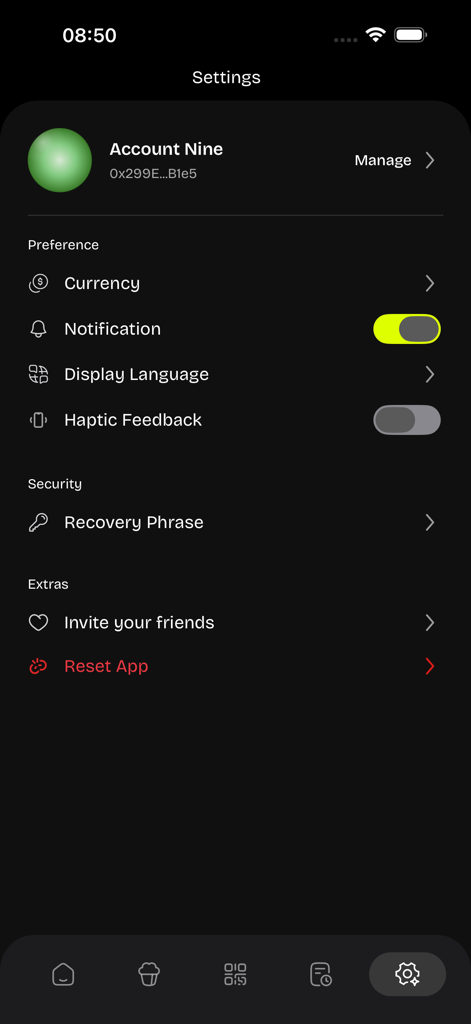 Celia Wallet - Celia Wallet app settings menu displaying account details and security preferences in dark mode.
