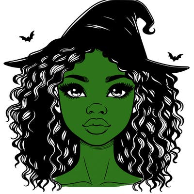 realistic black girl with wavy hair and witch hat and nose and lips