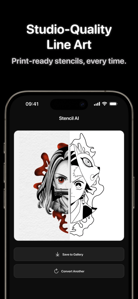 Stencil AI - Photo to Stencil - A smartphone interface showing the Stencil AI app converting a colored anime illustration into a clean black and white line art stencil.
