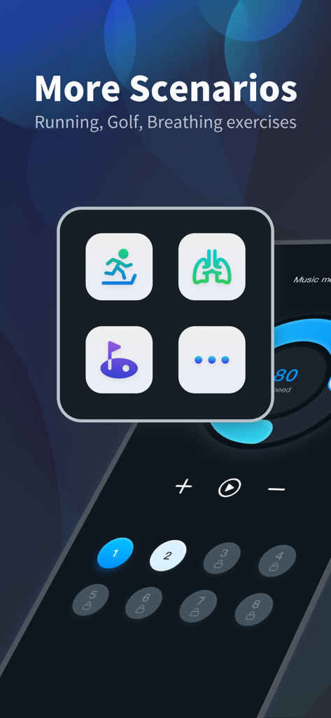 Interface of the OnBeats Metronome app showcasing different use cases including running golf and breathing exercises