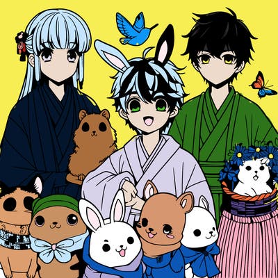 anime with animals, girls and boys