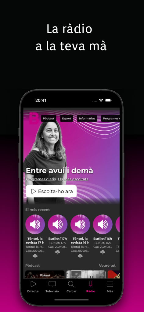 Interfaz móvil de la app IB3 mostrando programas de radio y podcasts en catalán
