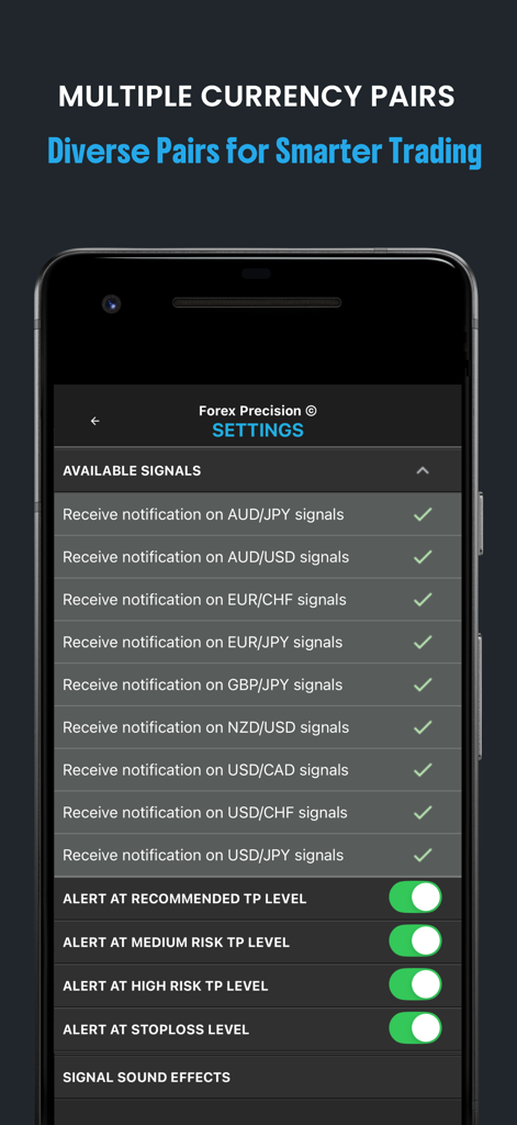 Forex Precision app settings screen showing notification options for multiple currency pairs and profit level alerts