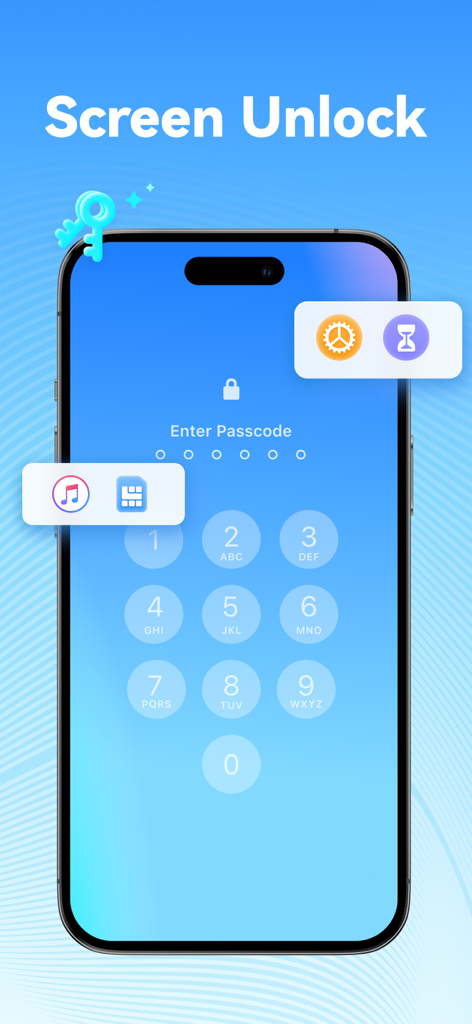 Dr.Fone: Phone Unlock & Rescue - Screenshot of Dr.Fone app showing the Screen Unlock feature on a smartphone interface with icons for passcode, screen time, and SIM card unlock.
