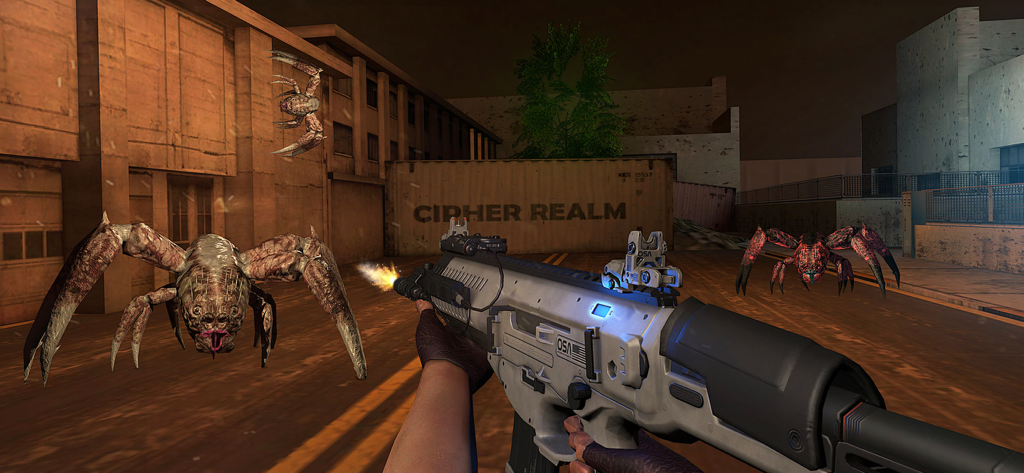 First person shooter perspective of a player fighting giant spiders in an urban horror setting.