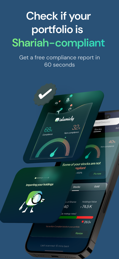 Schermata dello smartphone dell'app Islamicly che mostra un report di conformità Sharia per un portafoglio di azioni