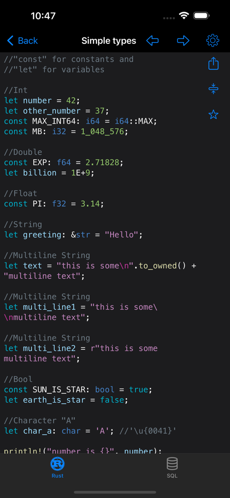 Rust Recipes - Screenshot of the Rust Recipes app displaying code examples for simple data types including integers, floats, strings, and booleans.