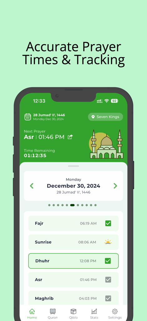 Muslim Life - Smartphone interface of the Muslim Life app displaying daily prayer times and tracking features.