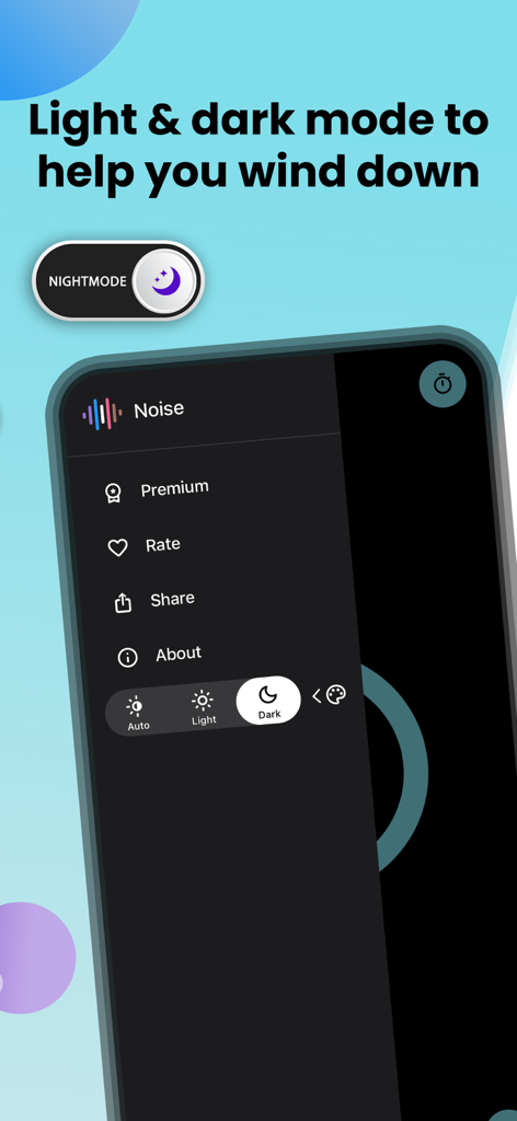 Noise: Green, Brown, White - Un smartphone que muestra la interfaz de la aplicación Ruido con configuración seleccionada para modo oscuro y modo nocturno.
