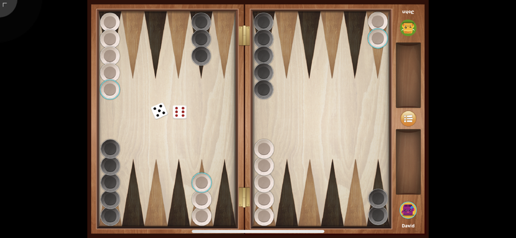 GoDice™ - Digital backgammon interface on the GoDice app showing virtual dice and game pieces