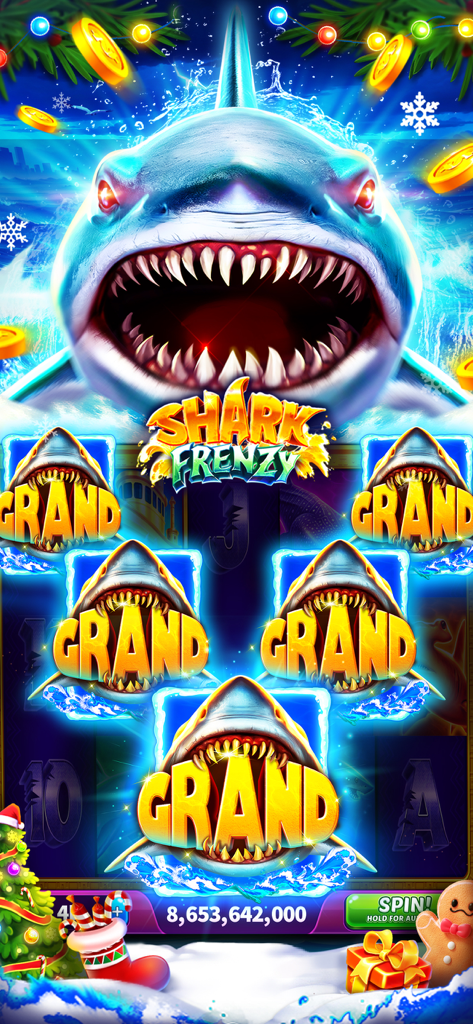 Jackpot Wins - Slots Casino - Pantalla del juego de máquina tragamonedas "Shark Frenzy" con símbolos de Gran Jackpot y temática navideña en Jackpot Wins.