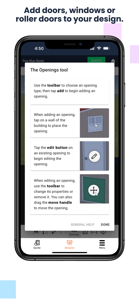 True Blue Sheds, Shed Designer - Mobile App-Oberfläche mit Anweisungen zum Hinzufügen von Türen und Fenstern zu einem individuellen Schuppen-Design