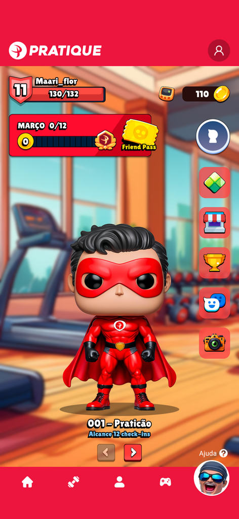 L'interface gamifiée de l'application Pratique Fitness avec un avatar de super-héros appelé Praticão, des barres de progression et des icônes de récompenses dans un décor de salle de sport.