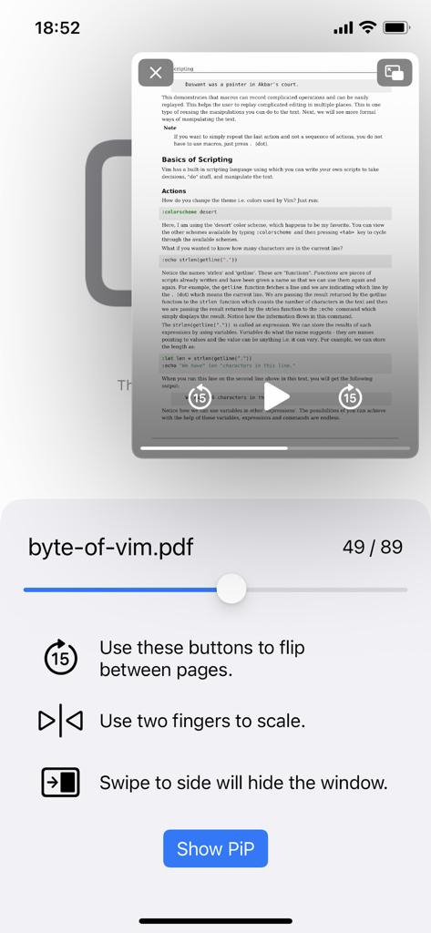 Magic PiP - Interface do aplicativo móvel Magic PiP mostrando um documento PDF em uma janela Picture-in-Picture flutuante com controles de navegação