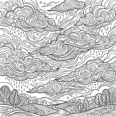 This captivating coloring page presents a dynamic cloudscape, perfect for teens who love intricate designs and atmospheric scenes. Explore a world where detailed stratus clouds swirl above a serene, stylized landscape, offering a challenging yet rewarding artistic escape.