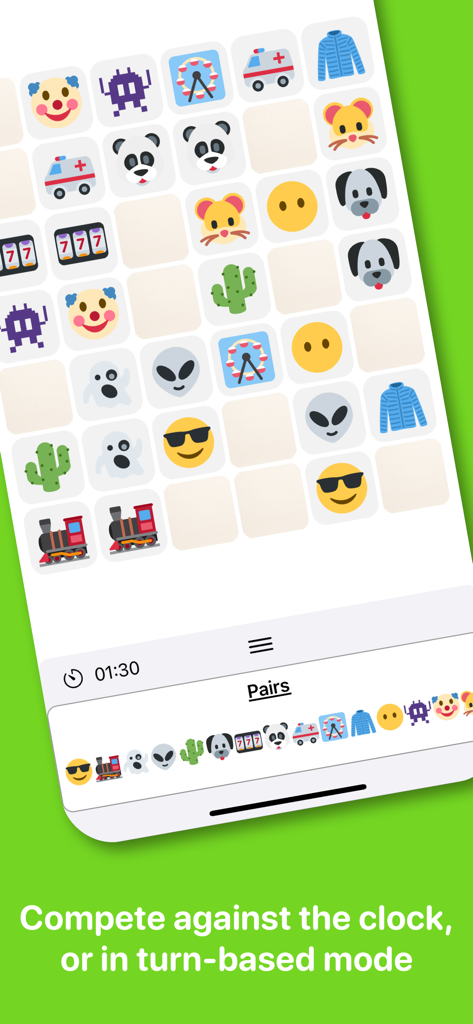 Griglia del gioco di memoria di abbinamento emoji con un timer nell'app Pairmoji