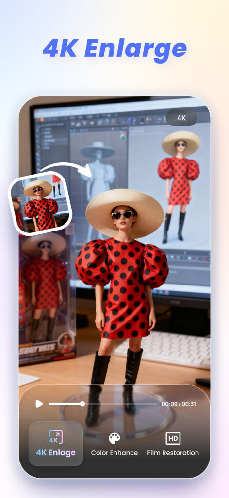 VikPea - AI Video Enhancer - Interface de l'amélioration vidéo IA VikPea montrant la fonctionnalité d'agrandissement 4K améliorant un clip vidéo de basse qualité d'une personne en robe à pois rouges en haute définition