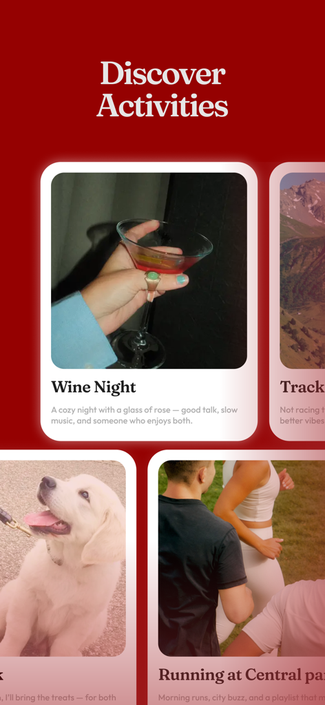 Krush app Discover Activities screen showing cards for social events like Wine Night and Running at Central Park