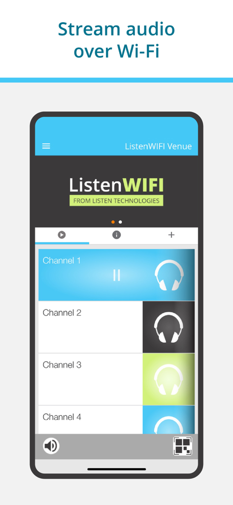 ListenWIFI mobile app interface showing a list of audio channels for live streaming over Wi-Fi with headphone icons.