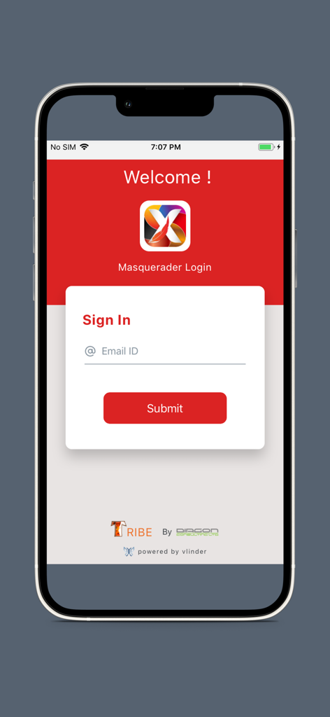 Masquerader Xperience - Pantalla de inicio de sesión de la aplicación Masquerader Xperience con campo de entrada de correo electrónico y botón de envío rojo