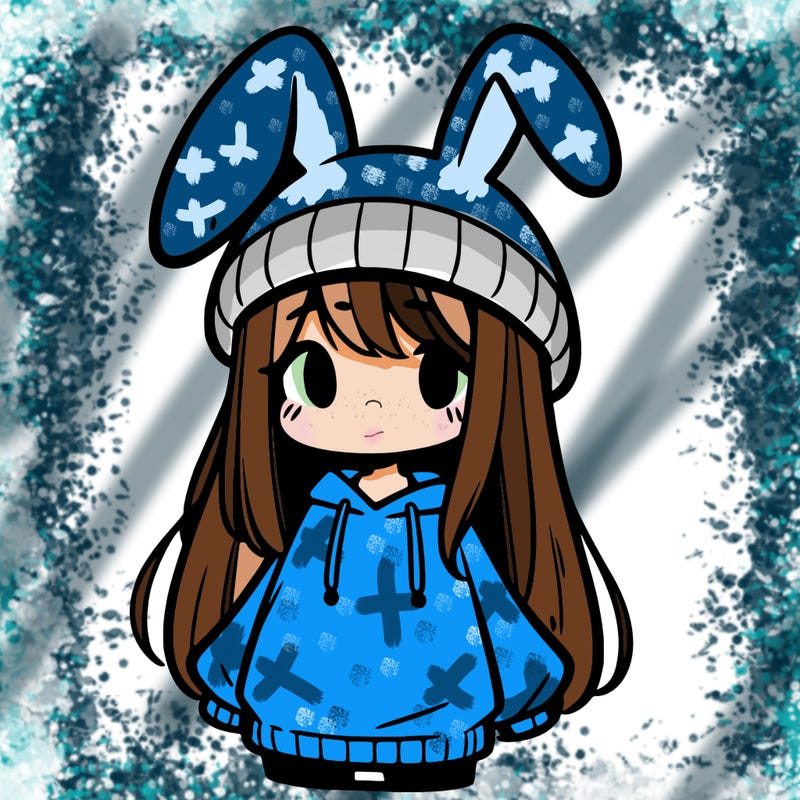 a girl wearing a bunny hat and a oversized sweatshirt