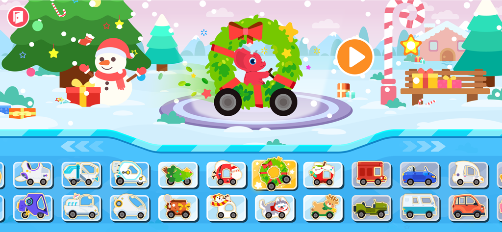 Dinosaur Car games for kids - A red dinosaur driving a wreath car in a winter Christmas scene with various toy car options